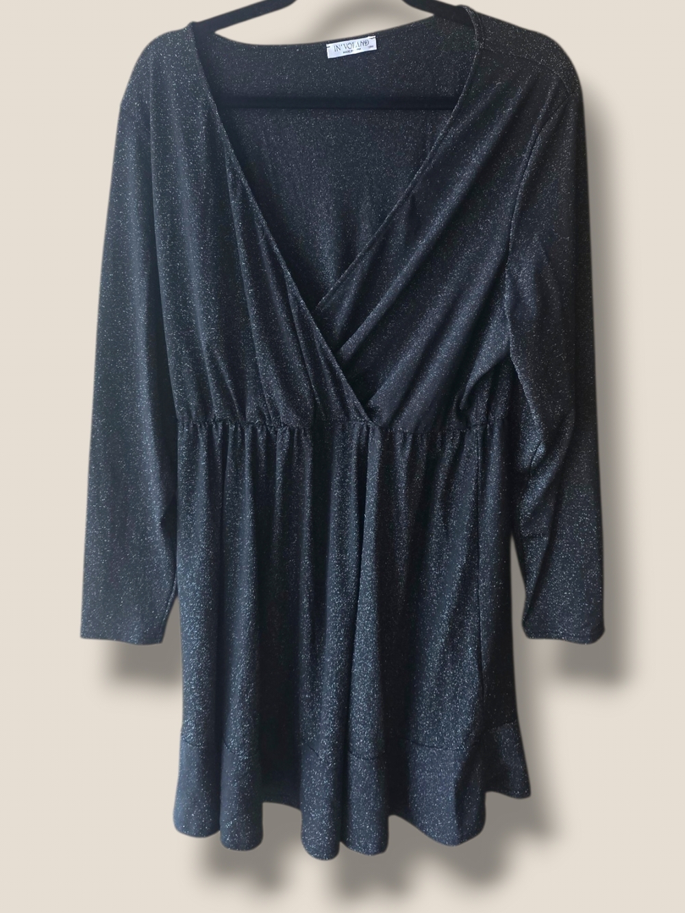 Sparkle Black Wrap-Style Long Sleeve Dress